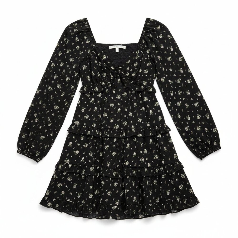 Altar'd State Floral Mini Dress XS Black Long Sleeve‎ Ruffles Smocked